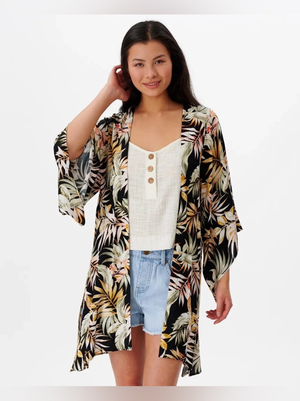 Rip Curl Namoto Womens Wide Sleeve Kimono Sz-M Tropical Print Open Front